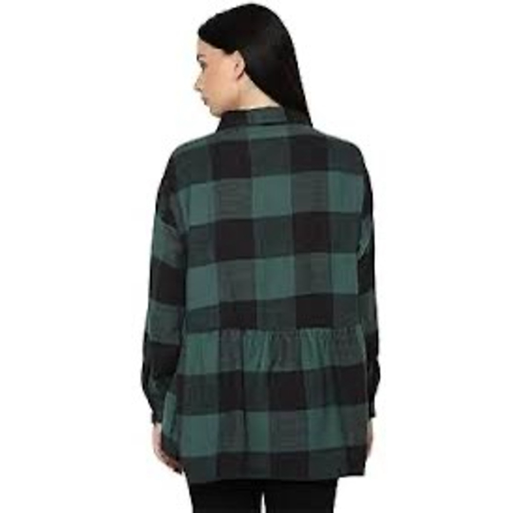 Women's American Eagle Green and Black Plaid Peplum Button Down Shirt, XL - Picture 2 of 5